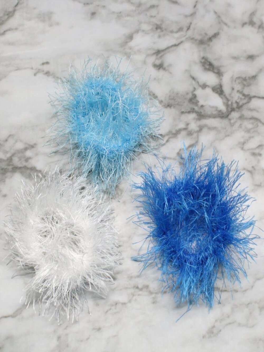 HAND CRAFTED Crochet Scrunchy Blue Hair Scrunchies Set of 3 Fuzzy Eyelash Yarn